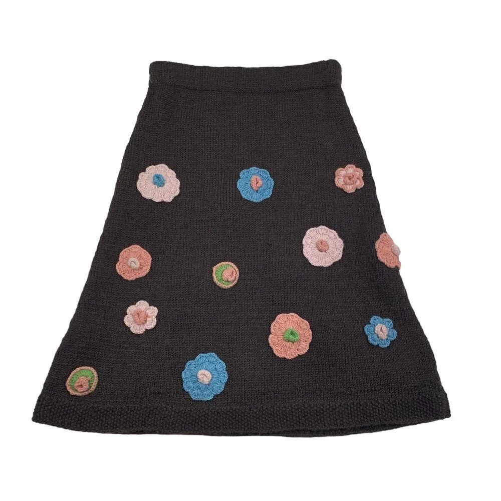 Global Girlfriend Wool Knit Midi Skirt With Crochet Flowers Women's Size Large